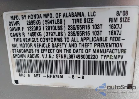 2009 Honda Odyssey Exl from USA, damaged, VIN 5FNRL38749B000230